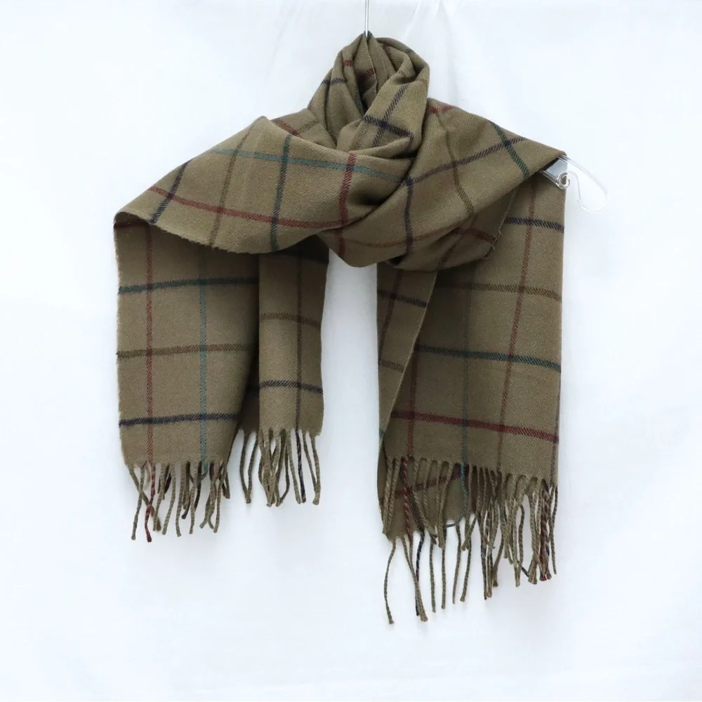 Vintage Wool Scarf plaid unisex mens womens olive green window pane classic warm